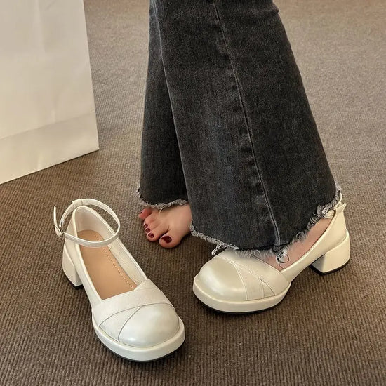 Shoes for Women 2025 with Medium Heels White Ladies Summer Footwear Block Heel Cute Round Toe Chunky Kawaii Shoe Beau Today 39 A