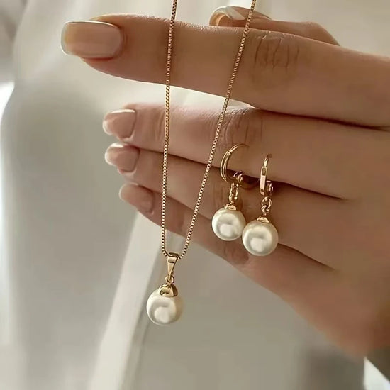 2 Pieces Of Round Pearl Jewelry Set, Earrings, Pendants, Necklaces, Ladies&
