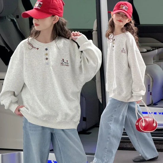 Girls Sweatshirt Spring Autumn 2026 Cute Puppy Embroidered Colorful buttons Long Sleeve Pullover Soft Children&